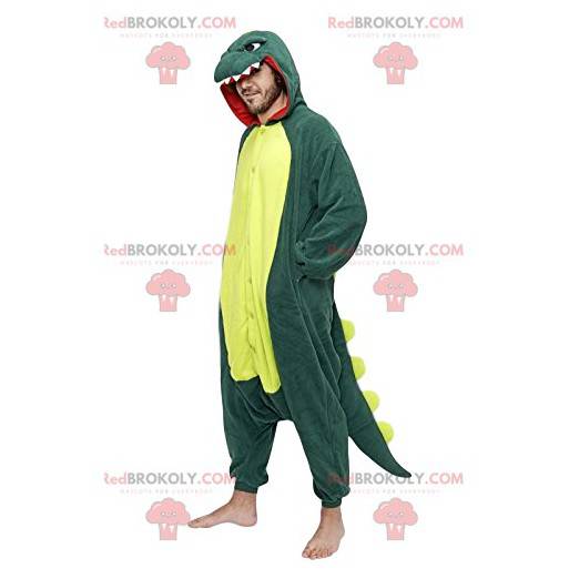 Mascote do dinossauro verde com sua bela crista amarela -