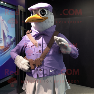 Purple Gull mascot costume character dressed with a Dress Shirt and Bracelet watches