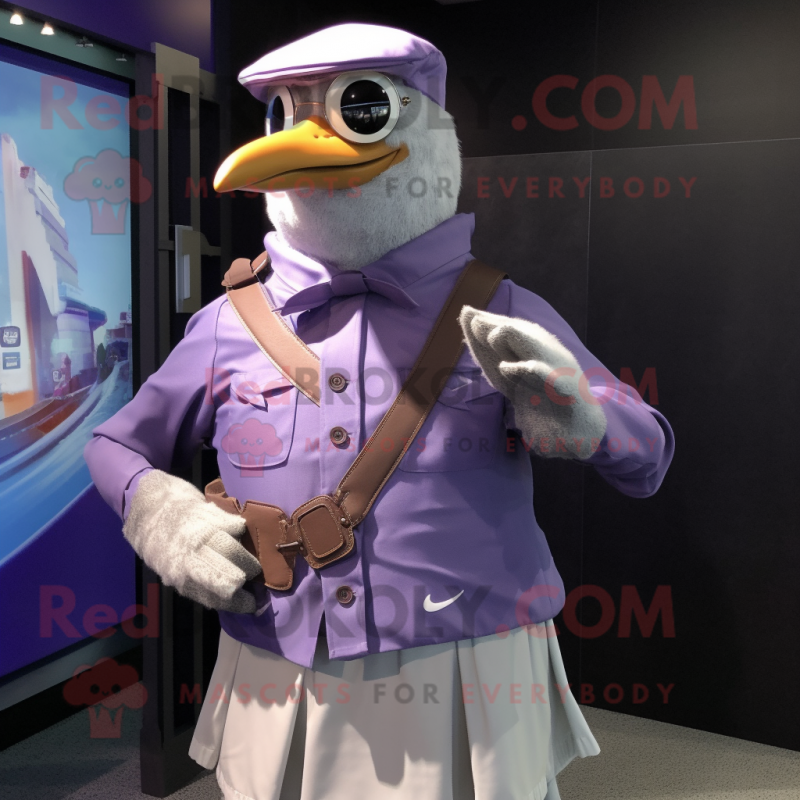 Purple Gull mascot costume character dressed with a Dress Shirt and Bracelet watches Purple Gull mascot costume character dressed with a Dress Shirt and Bracelet watches