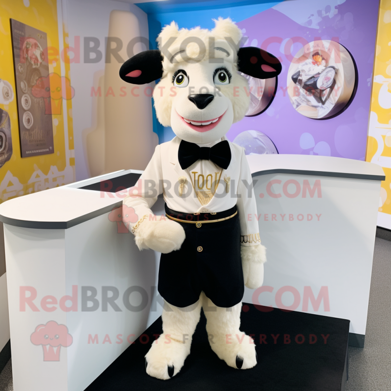 Cream Goat mascot costume character dressed with a Tuxedo and Hair clips