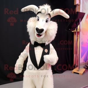Cream Goat mascot costume character dressed with a Tuxedo and Hair clips