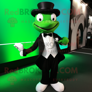 Green Pho mascot costume character dressed with a Tuxedo and Suspenders