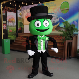 Green Pho mascot costume character dressed with a Tuxedo and Suspenders