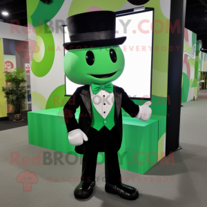 Green Pho mascot costume character dressed with a Tuxedo and Suspenders