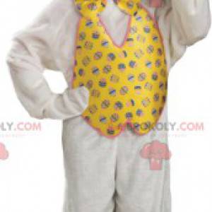 Hvid kaninmaskot med jakke og gul slips - Redbrokoly.com