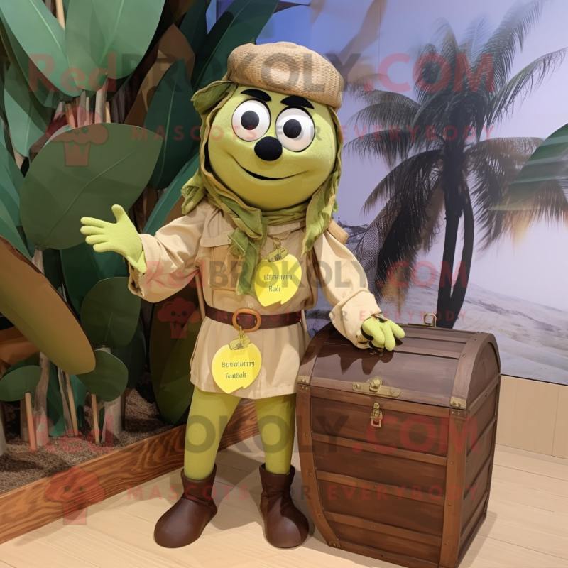 Olive Treasure Chest mascot costume character dressed with a Jumpsuit and Clutch bags