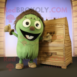 Olive Treasure Chest mascot costume character dressed with a Jumpsuit and Clutch bags