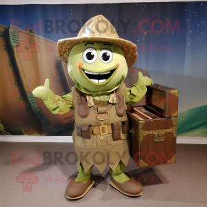 Olive Treasure Chest mascot costume character dressed with a Jumpsuit and Clutch bags