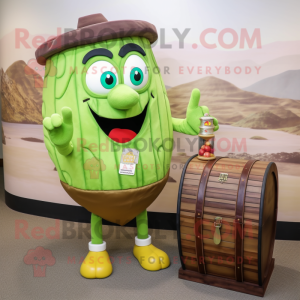 Olive Treasure Chest mascot costume character dressed with a Jumpsuit and Clutch bags