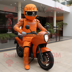 Orange Roman Soldier mascot costume character dressed with a Biker Jacket and Sunglasses