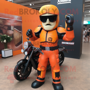 Orange Roman Soldier mascot costume character dressed with a Biker Jacket and Sunglasses