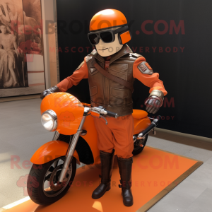 Orange Roman Soldier mascot costume character dressed with a Biker Jacket and Sunglasses