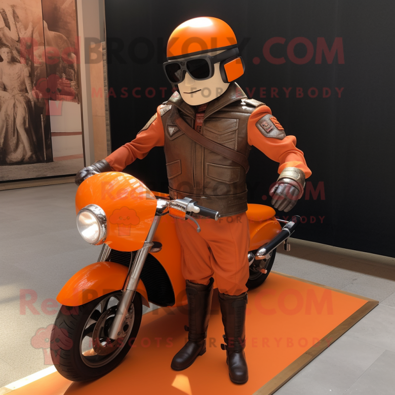 Orange Roman Soldier mascot costume character dressed with a Biker Jacket and Sunglasses Orange Roman Soldier mascot costume character dressed with a Biker Jacket and Sunglasses