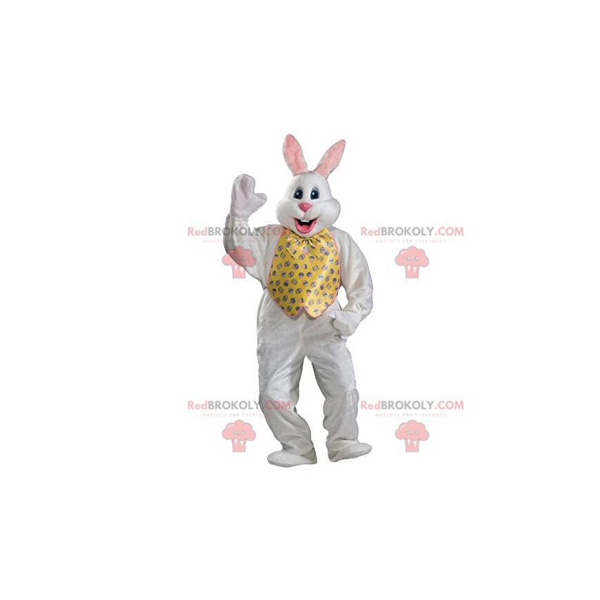 Weißes Kaninchenmaskottchen mit Jacke und gelber Fliege -