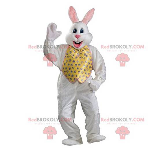 Hvid kaninmaskot med jakke og gul slips - Redbrokoly.com