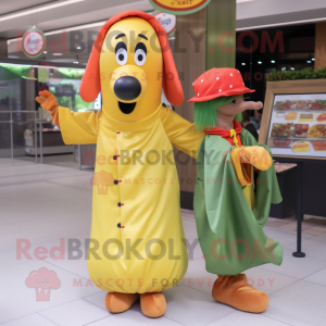 Olive Hot Dog mascot costume character dressed with a Raincoat and Hairpins