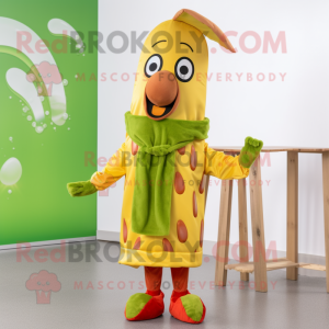 Olive Hot Dog mascot costume character dressed with a Raincoat and Hairpins