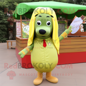 Olive Hot Dog mascot costume character dressed with a Raincoat and Hairpins