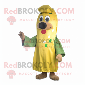 Olive Hot Dog mascot costume character dressed with a Raincoat and Hairpins