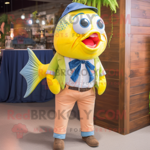 Lemon Yellow Salmon mascot costume character dressed with a Boyfriend Jeans and Bow ties