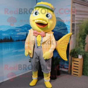 Lemon Yellow Salmon mascot costume character dressed with a Boyfriend Jeans and Bow ties