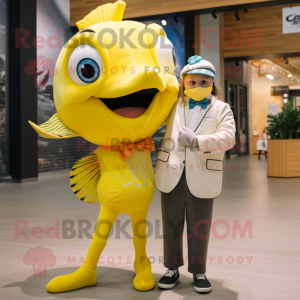 Lemon Yellow Salmon mascot costume character dressed with a Boyfriend Jeans and Bow ties