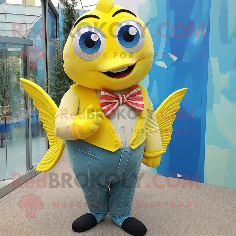 Lemon Yellow Salmon mascot costume character dressed with a Boyfriend Jeans and Bow ties