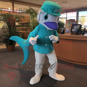 Turquoise Dolphin mascot costume character dressed with a Henley Shirt and Shoe clips