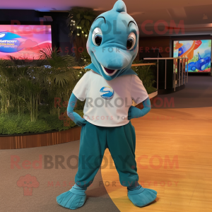 Turquoise Dolphin mascot costume character dressed with a Henley Shirt and Shoe clips
