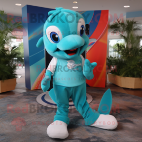 Turquoise Dolphin mascot costume character dressed with a Henley Shirt and Shoe clips