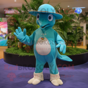 Turquoise Dolphin mascot costume character dressed with a Henley Shirt and Shoe clips