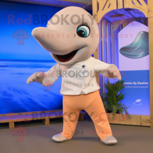 Beige Dolphin mascot costume character dressed with a Yoga Pants and Suspenders