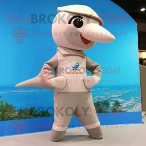 Beige Dolphin mascot costume character dressed with a Yoga Pants and Suspenders