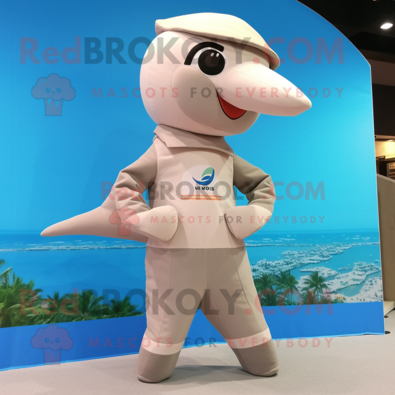 Beige Dolphin mascot costume character dressed with a Yoga Pants and Suspenders Beige Dolphin mascot costume character dressed with a Yoga Pants and Suspenders