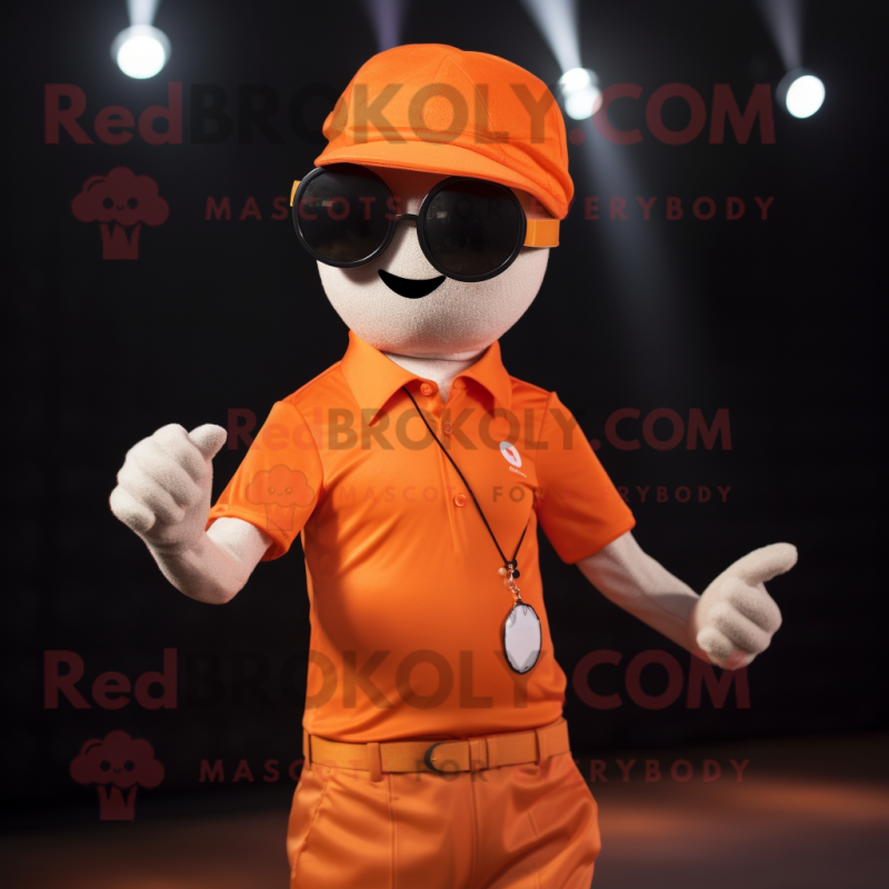 Orange Magician mascot costume character dressed with a Polo Shirt and Sunglasses