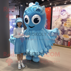 Sky Blue Oyster mascot costume character dressed with a Mini Dress and Hair clips