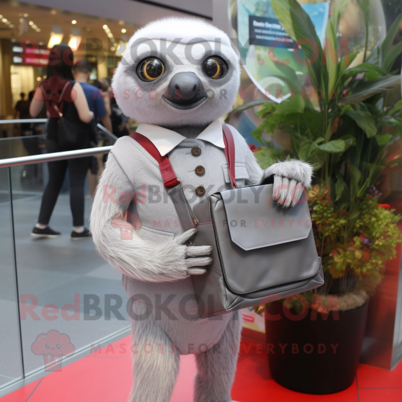 Silver Sloth mascot costume character dressed with a Pencil Skirt and Wallets Silver Sloth mascot costume character dressed with a Pencil Skirt and Wallets