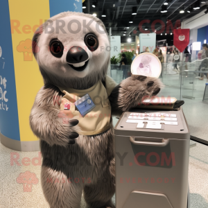 Silver Sloth mascot costume character dressed with a Pencil Skirt and Wallets