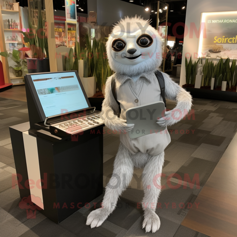 Silver Sloth mascot costume character dressed with a Pencil Skirt and Wallets Silver Sloth mascot costume character dressed with a Pencil Skirt and Wallets