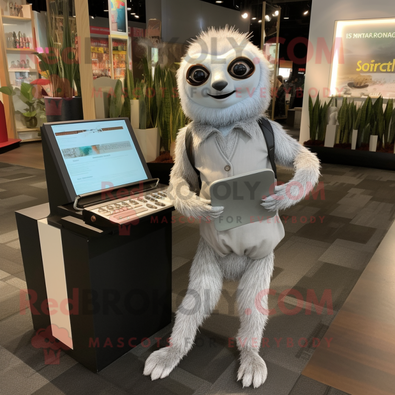 Silver Sloth mascot costume character dressed with a Pencil Skirt and Wallets