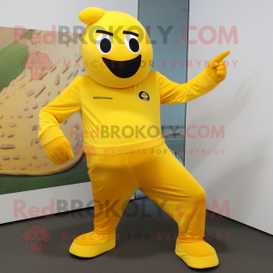 Yellow Momentum mascot costume character dressed with a Jumpsuit and Foot pads