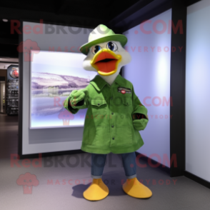 Lime Green Muscovy Duck mascot costume character dressed with a Jeans and Hat pins