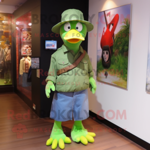 Lime Green Muscovy Duck mascot costume character dressed with a Jeans and Hat pins