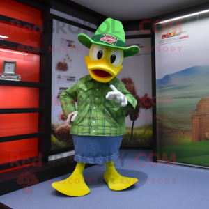 Lime Green Muscovy Duck mascot costume character dressed with a Jeans and Hat pins