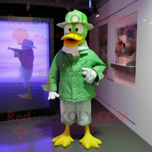 Lime Green Muscovy Duck mascot costume character dressed with a Jeans and Hat pins