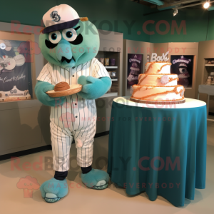 Teal Wedding Cake mascot costume character dressed with a Baseball Tee and Watches