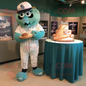 Teal Wedding Cake mascot costume character dressed with a Baseball Tee and Watches