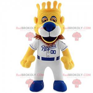 Mascotte de Lion Royal avec sa tenue de baseball et sa couronne