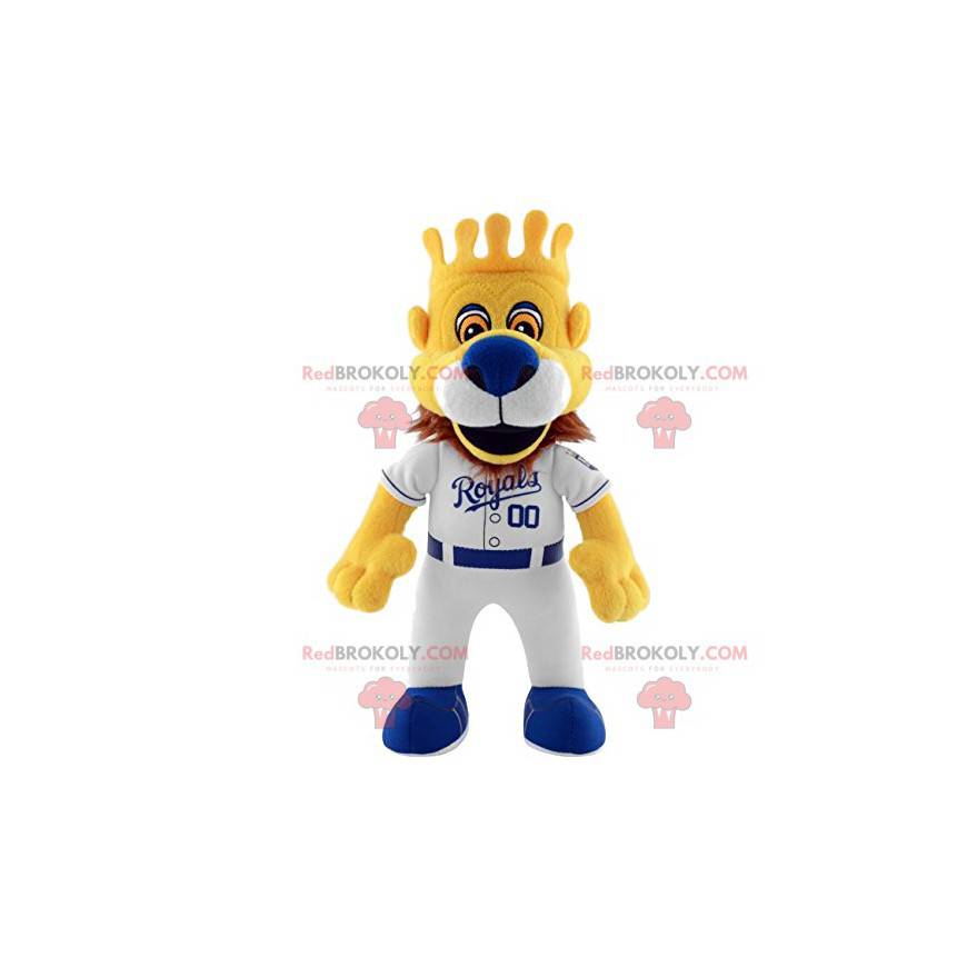 Lion Royal mascotte met zijn honkbal-outfit en zijn kroon -