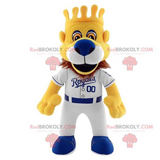 Lion Royal mascotte met zijn honkbal-outfit en zijn kroon -